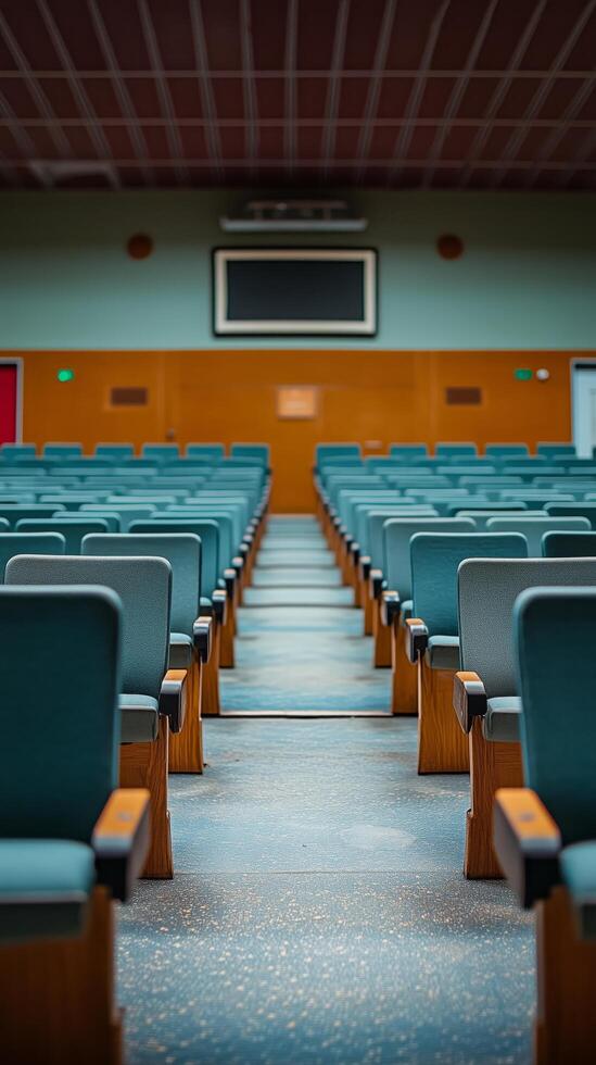 Interior of a conference hall with rows of empty seats focused on the stage area ahead. photo