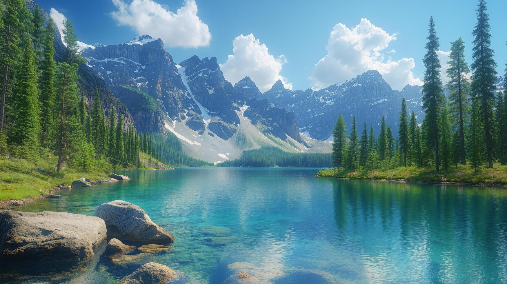 Beautiful lake surrounded by mountains and lush trees under a clear blue sky. photo