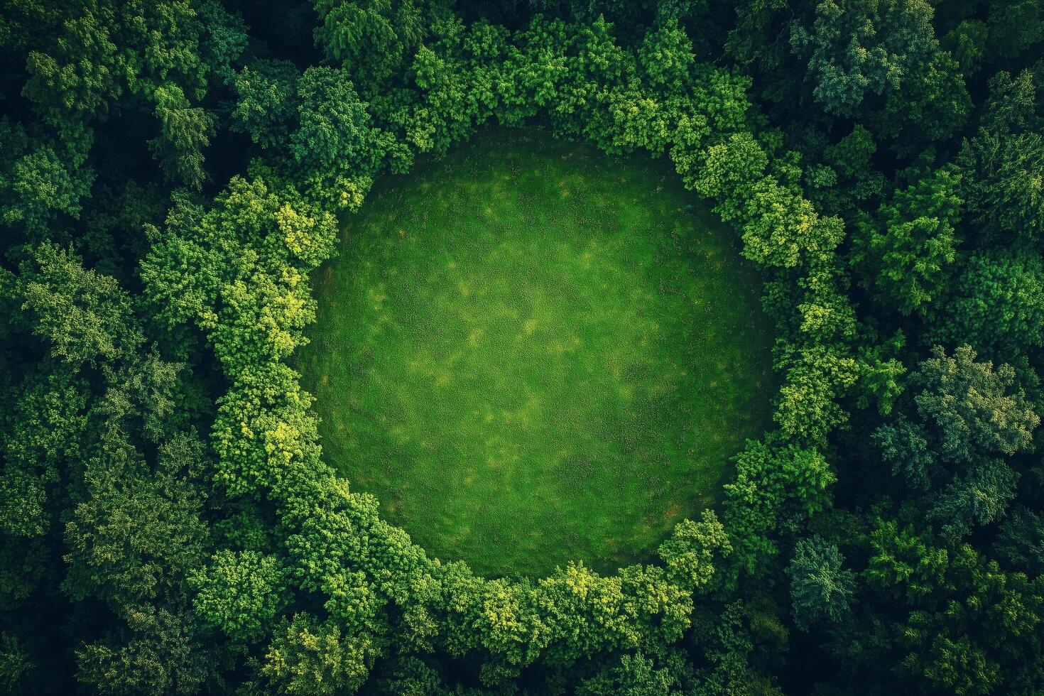 Green circular clearing surrounded by dense forest from above during daylight. photo