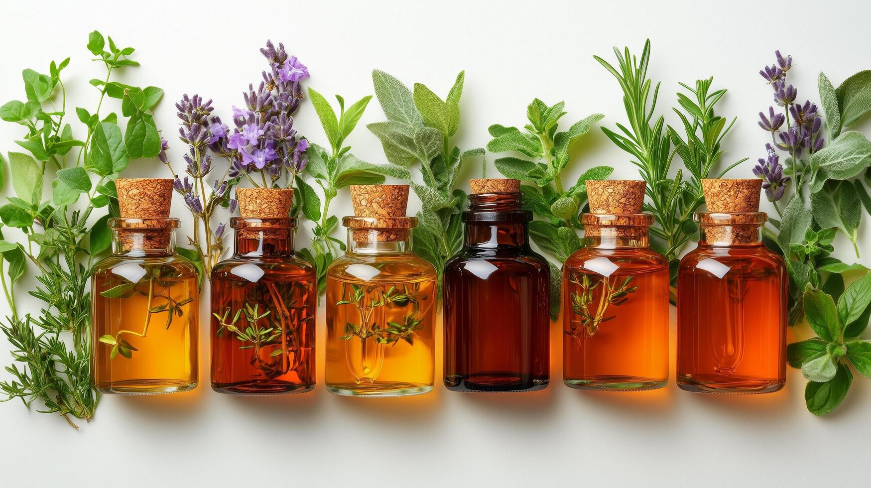 Assorted bottles of essential oils and fresh herbs arranged on a white background. photo