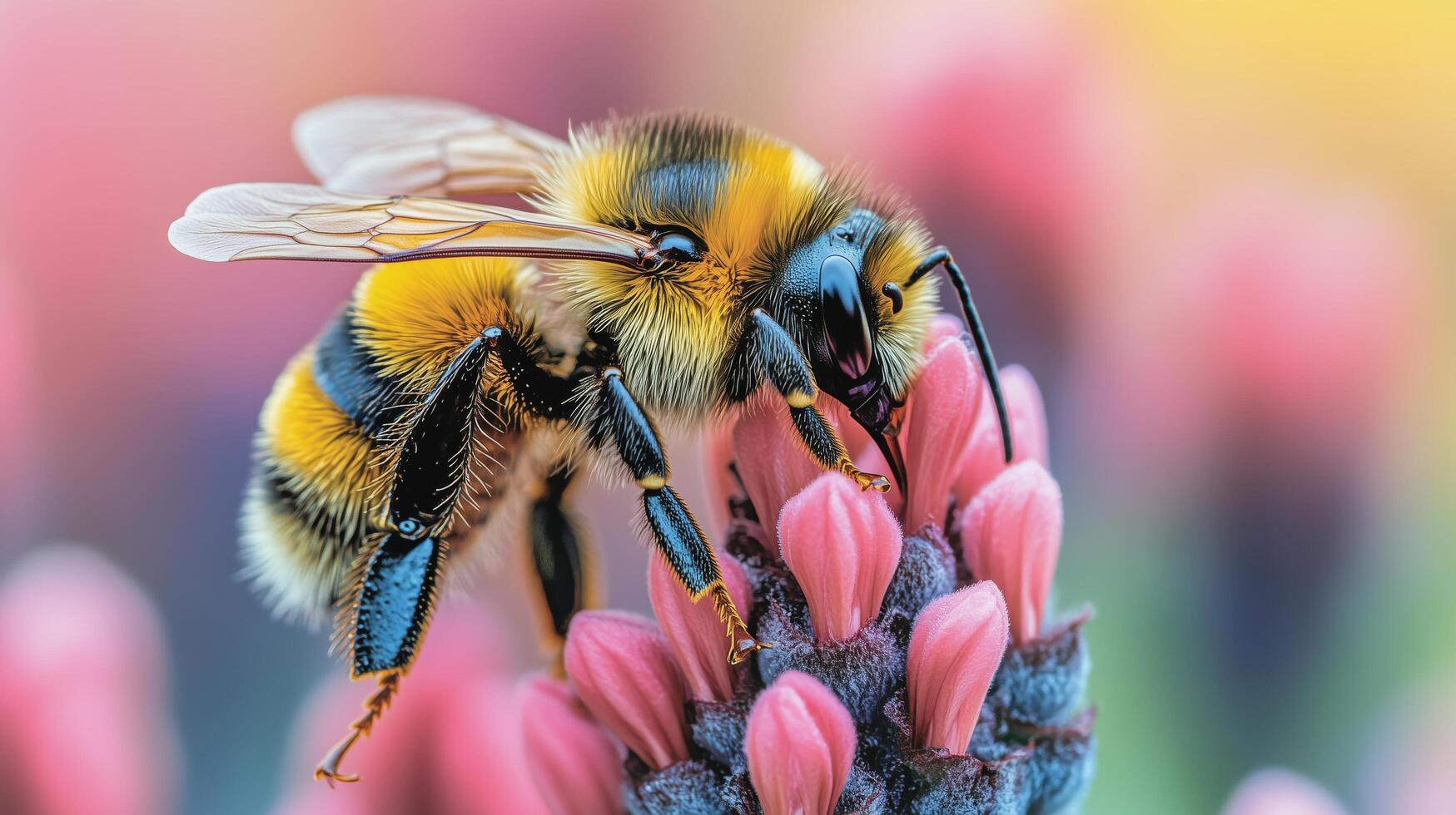 Bumblebee collecting nectar from pink flower during bright spring day in a garden. photo