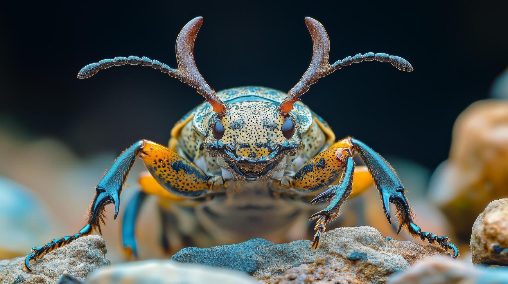 Colorful beetle resting on stones with vibrant patterns and distinct antennae. photo