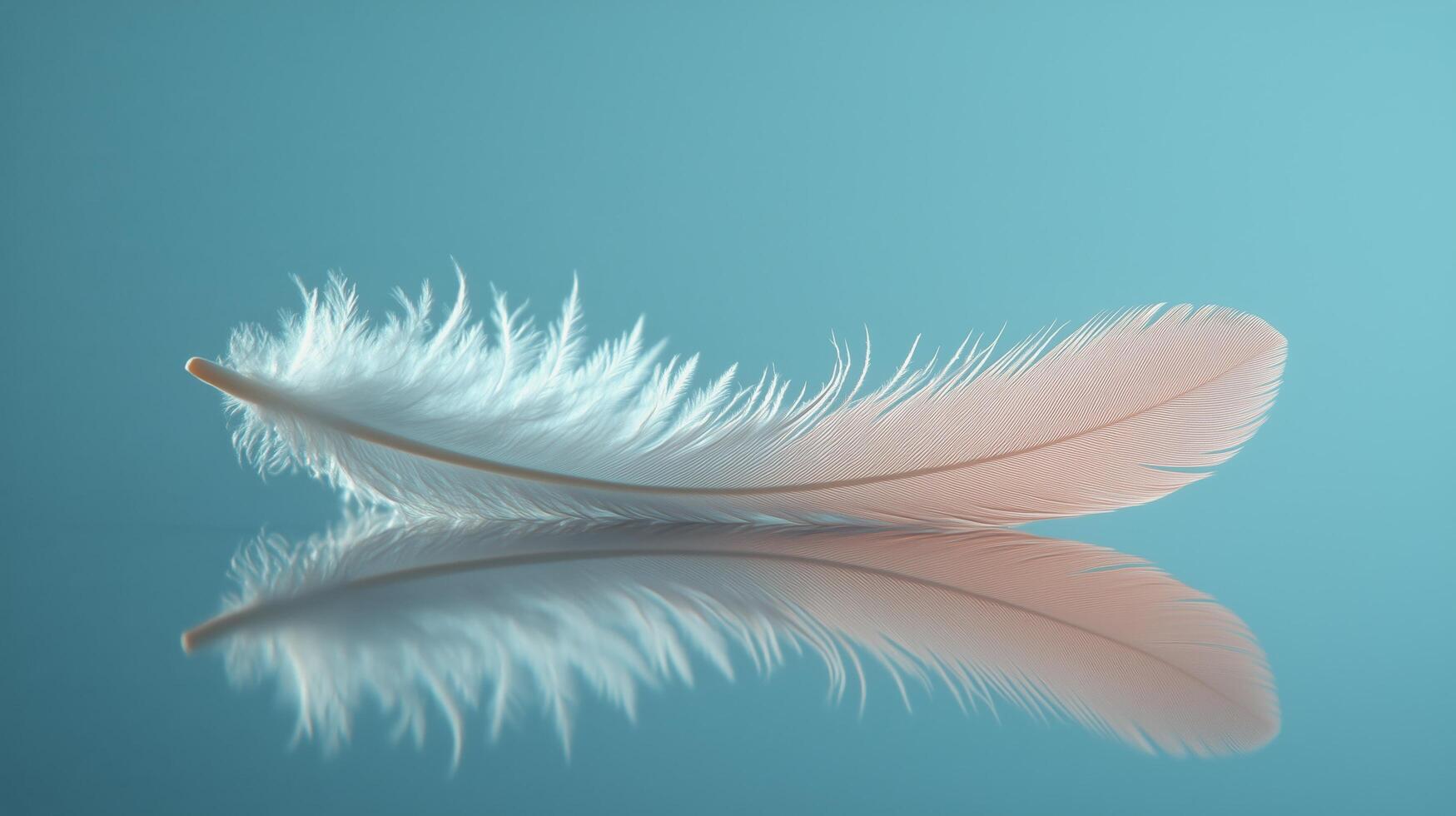 Soft white feather resting on calm blue surface reflecting gentle light. photo