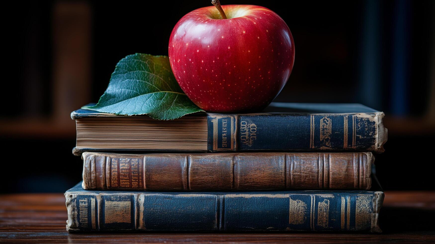 Red apple perched on vintage books in a cozy study setting with soft lighting. photo