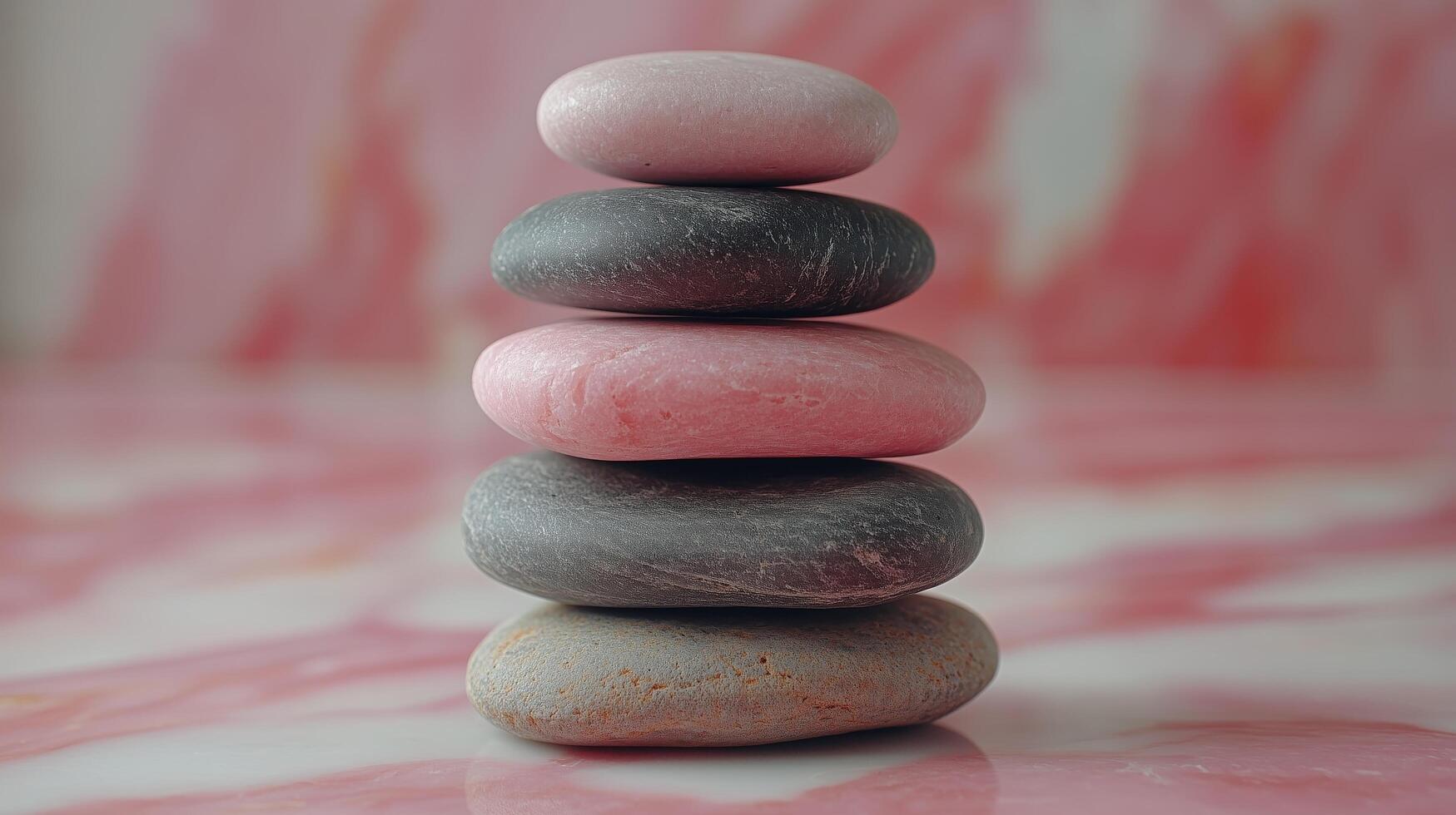 Stacked pebbles resting on a smooth surface with a pink marbled background in a serene setting. photo