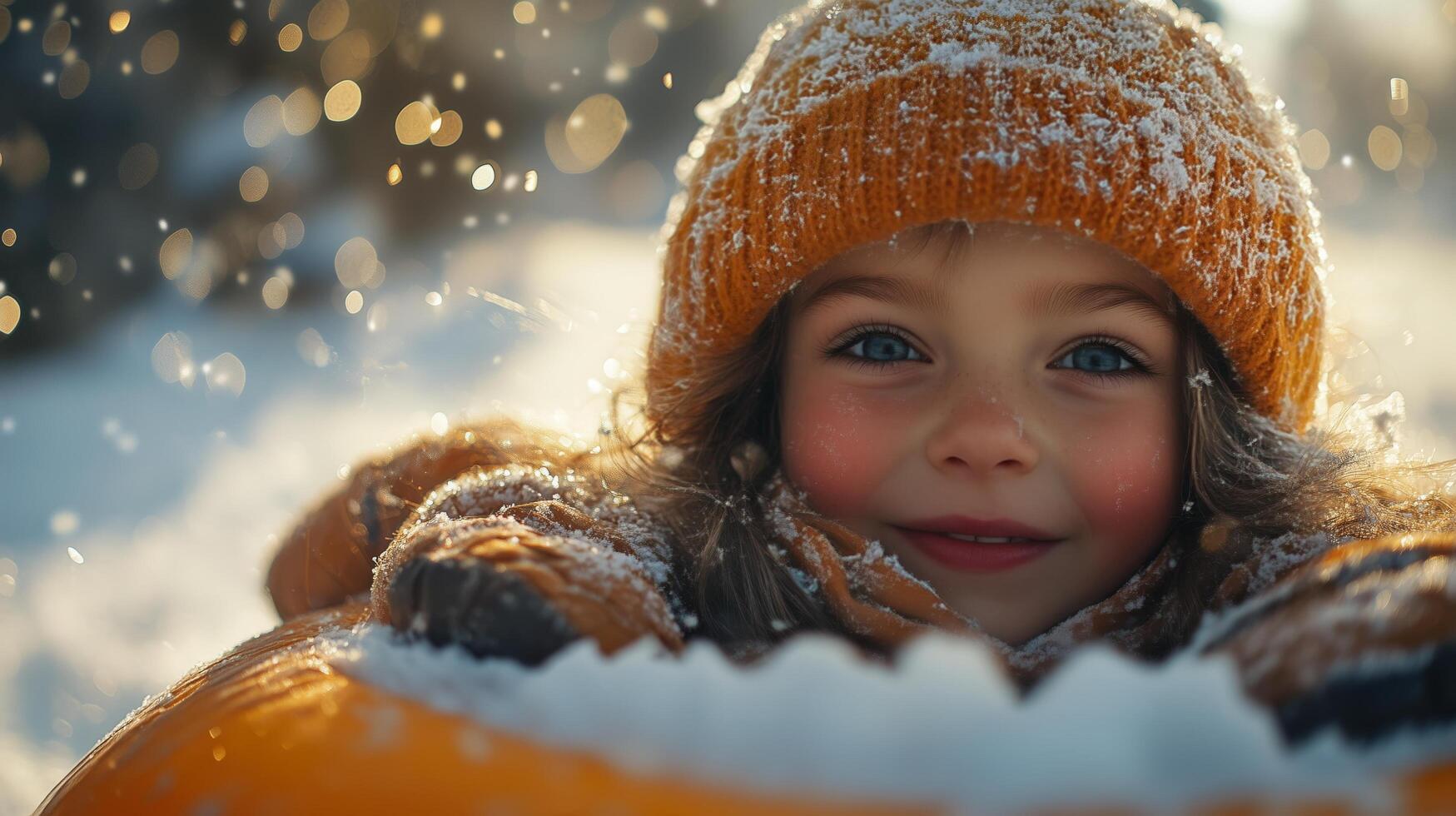 Child enjoys winter fun while tubing on a snowy hill with a bright orange hat during a sunny day. photo