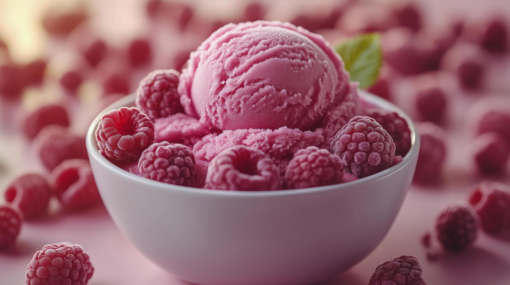 Delicious raspberry ice cream served in a white bowl surrounded by fresh raspberries. photo