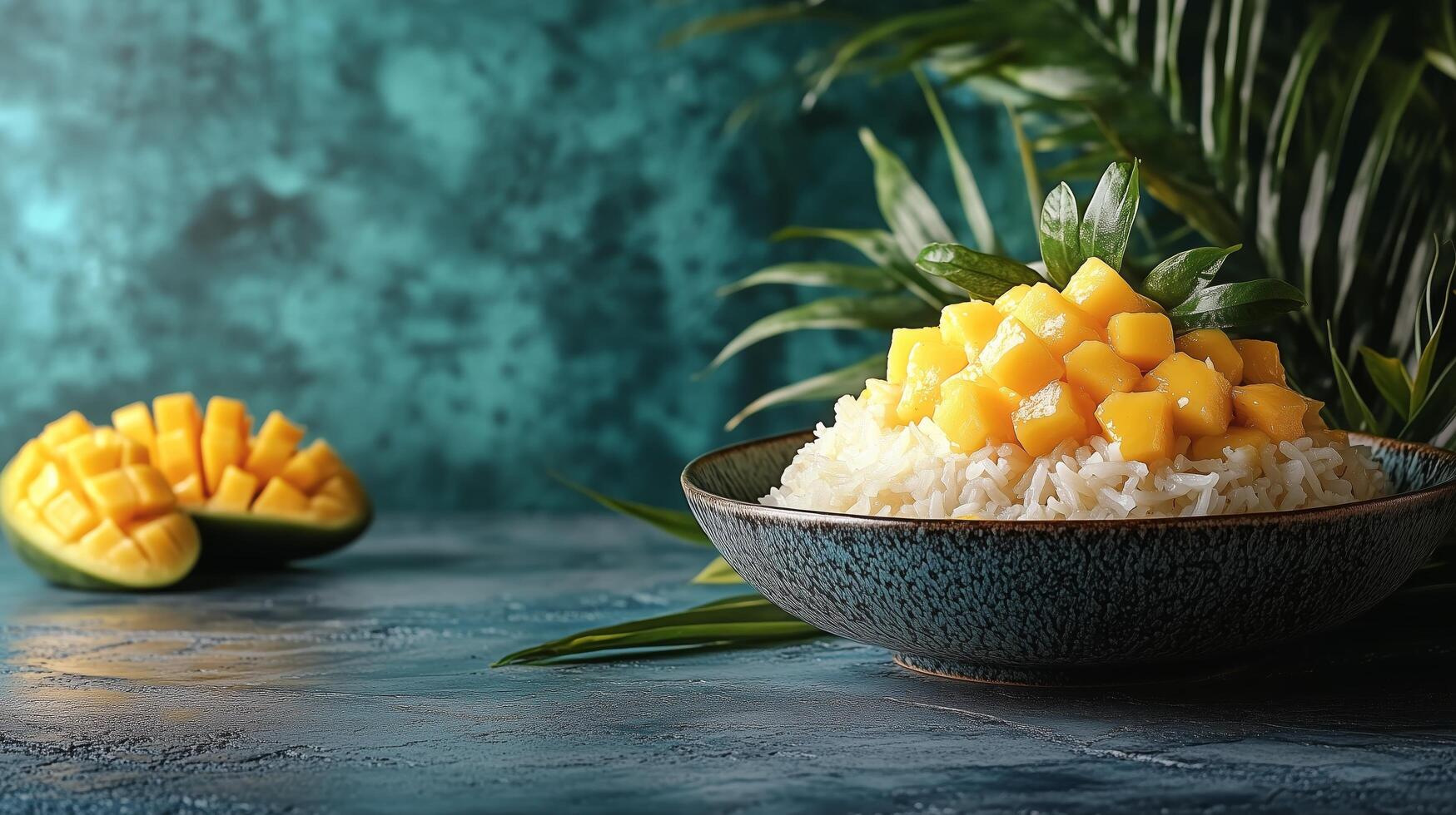 Delicious bowl of sticky rice topped with fresh mango served on a colorful table. photo