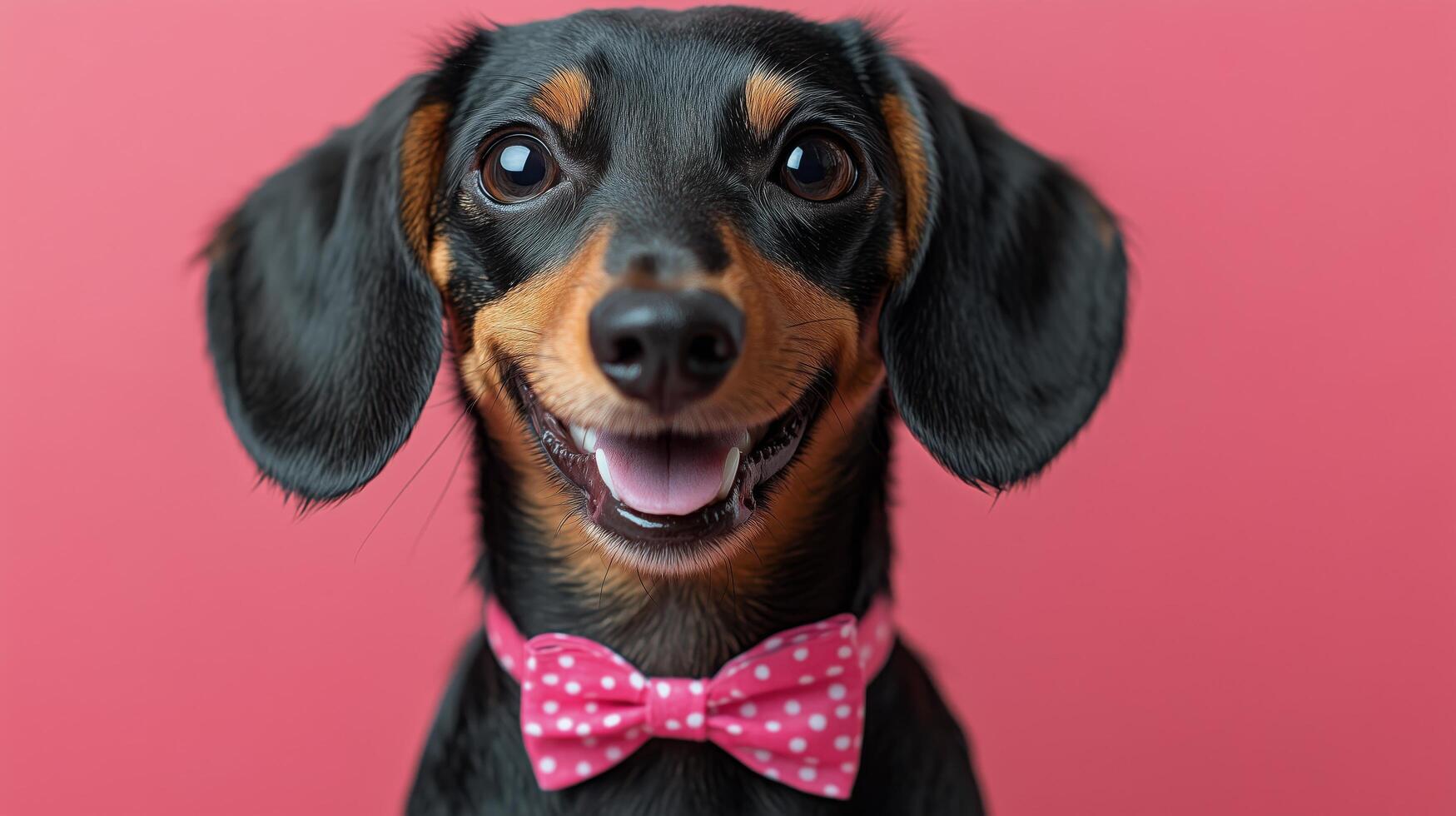 Happy black and tan dog wearing a pink bow tie in front of a bright pink background. photo