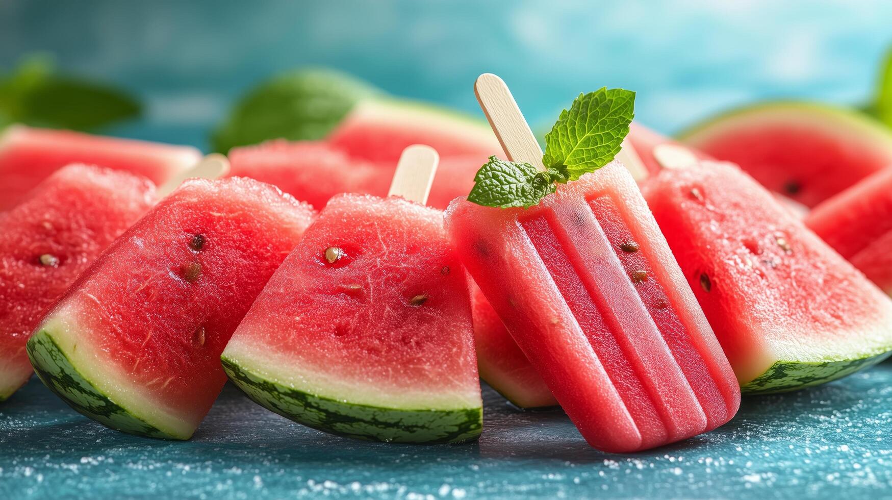Colorful watermelon popsicles arranged on a vibrant blue background with fresh mint. photo