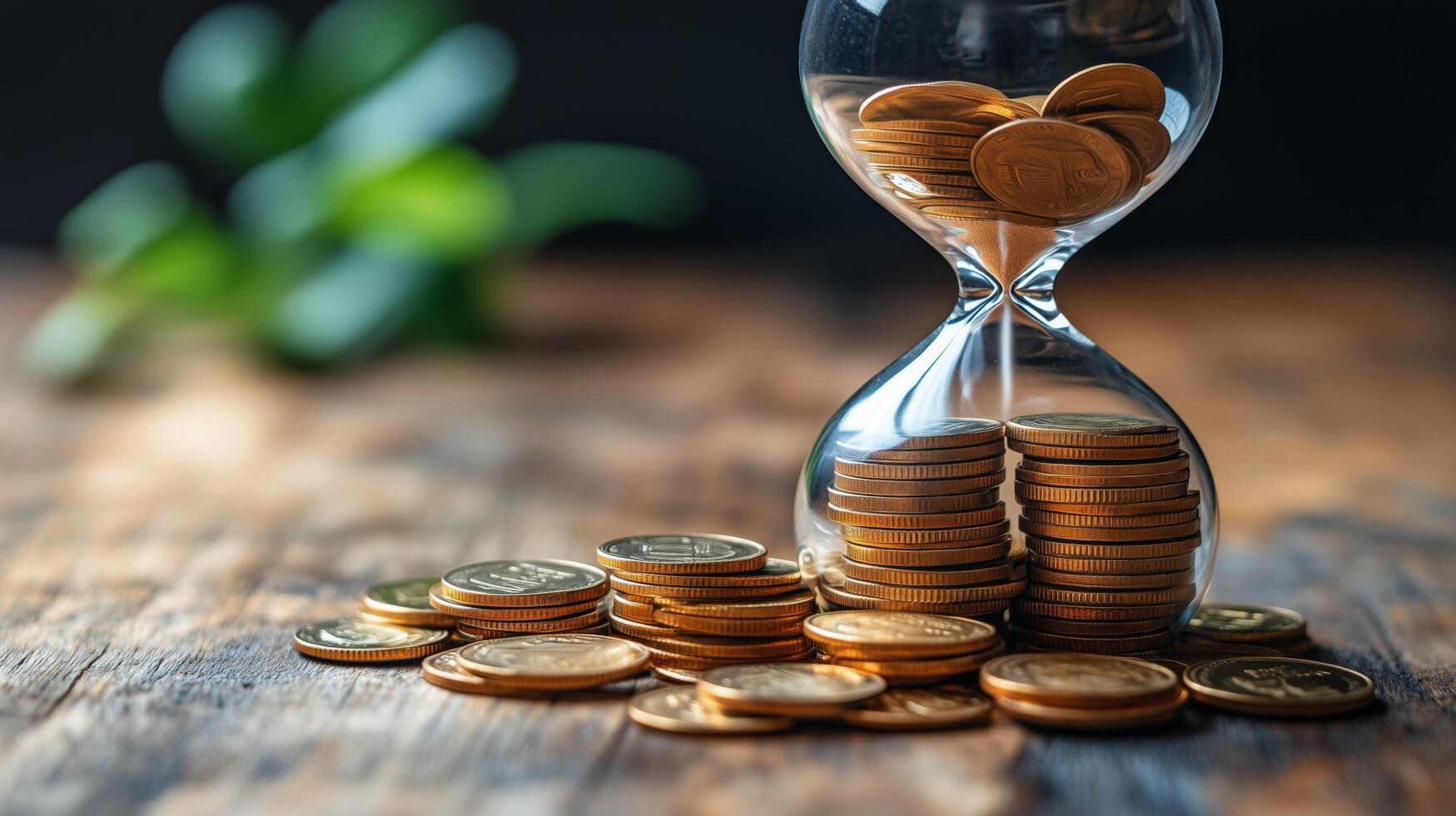 Golden coins spill from an hourglass on a wooden table with green leaves in the background. photo