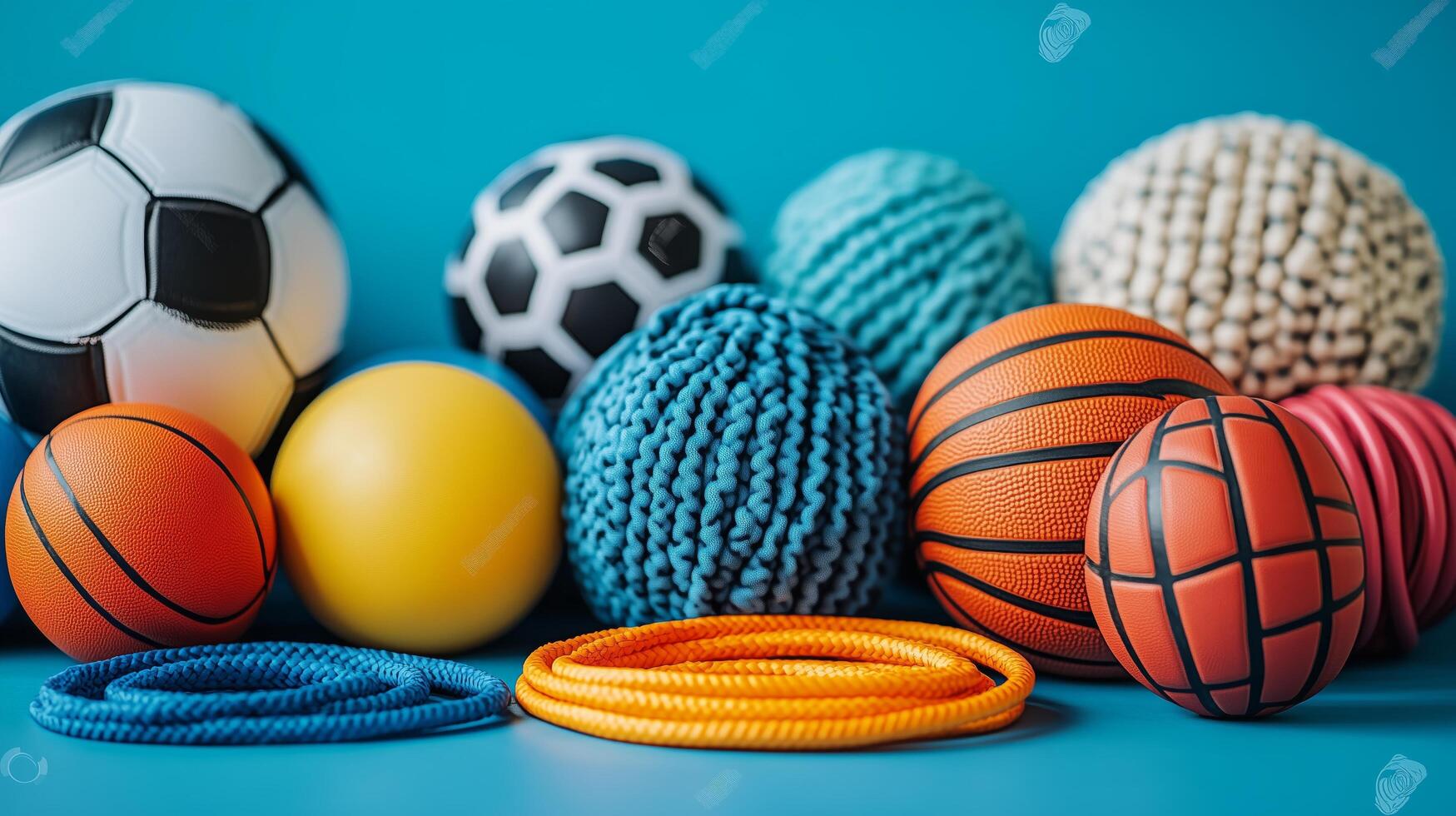 Collection of various sports balls on a blue background showcasing diverse textures and colors. photo