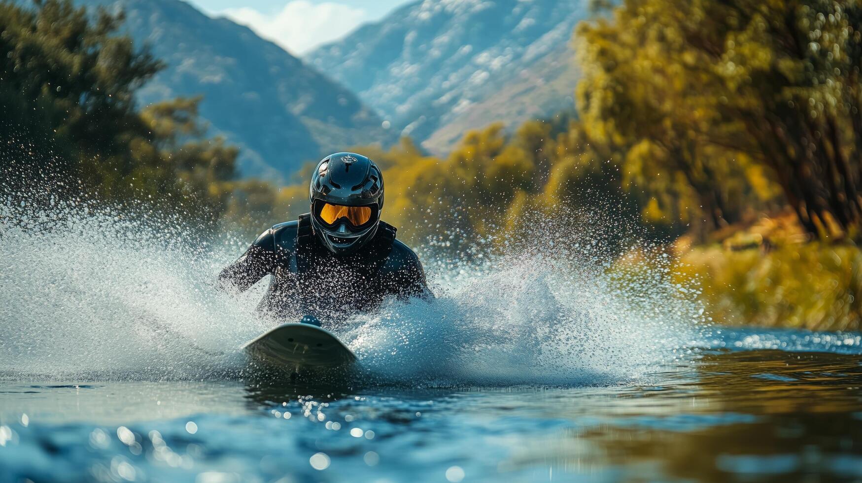 Waterskier performs tricks on a river surrounded by mountains and trees during bright daylight. photo