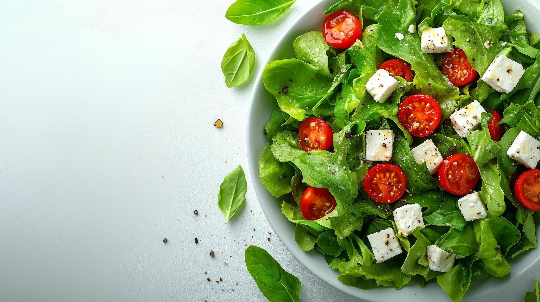 Fresh salad with cherry tomatoes and feta cheese in a white bowl on a light background. photo