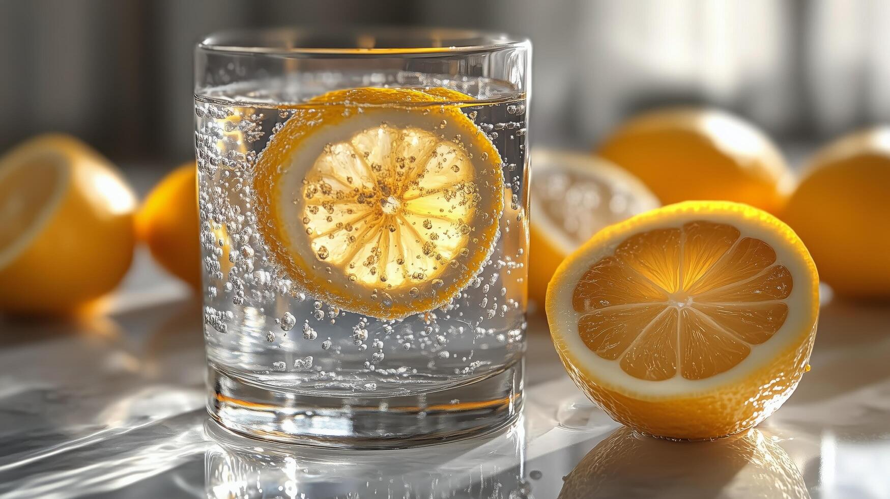 Refreshing lemonade in a glass with sliced lemons on a marble surface. photo