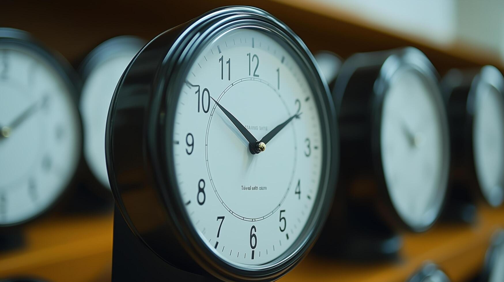 Clocks arranged neatly in a classroom setting showing various times throughout the day. photo