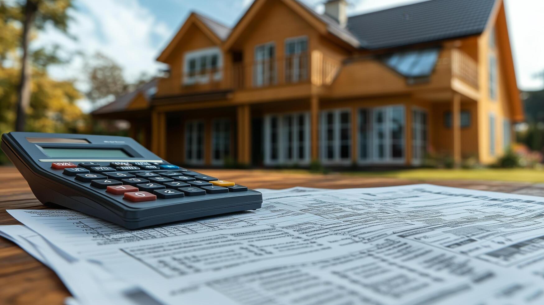 Calculator and paperwork on a table with a modern wooden house in the background during daytime. photo