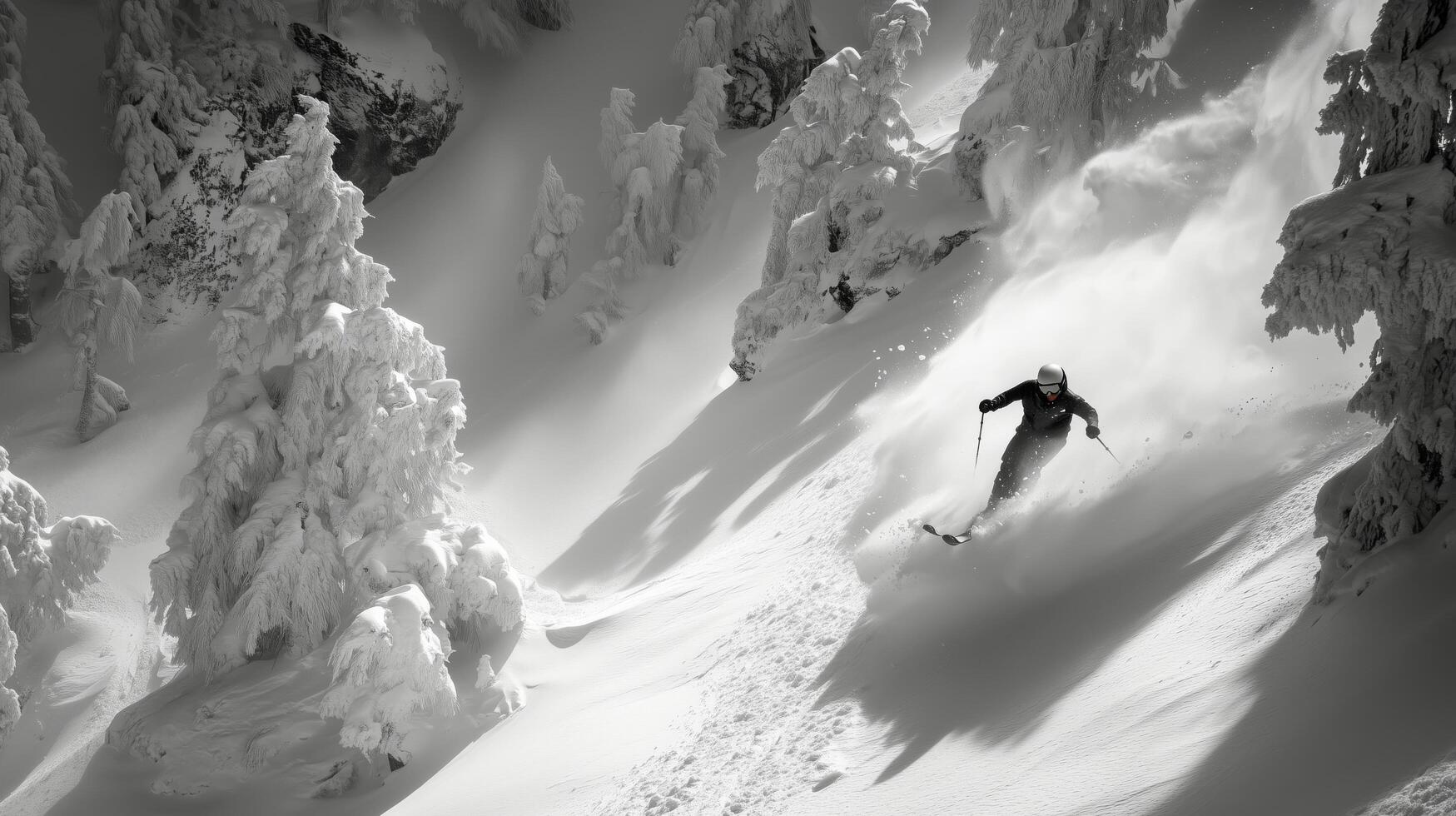 Skiing through pristine snow-covered trees in a winter wonderland landscape. photo