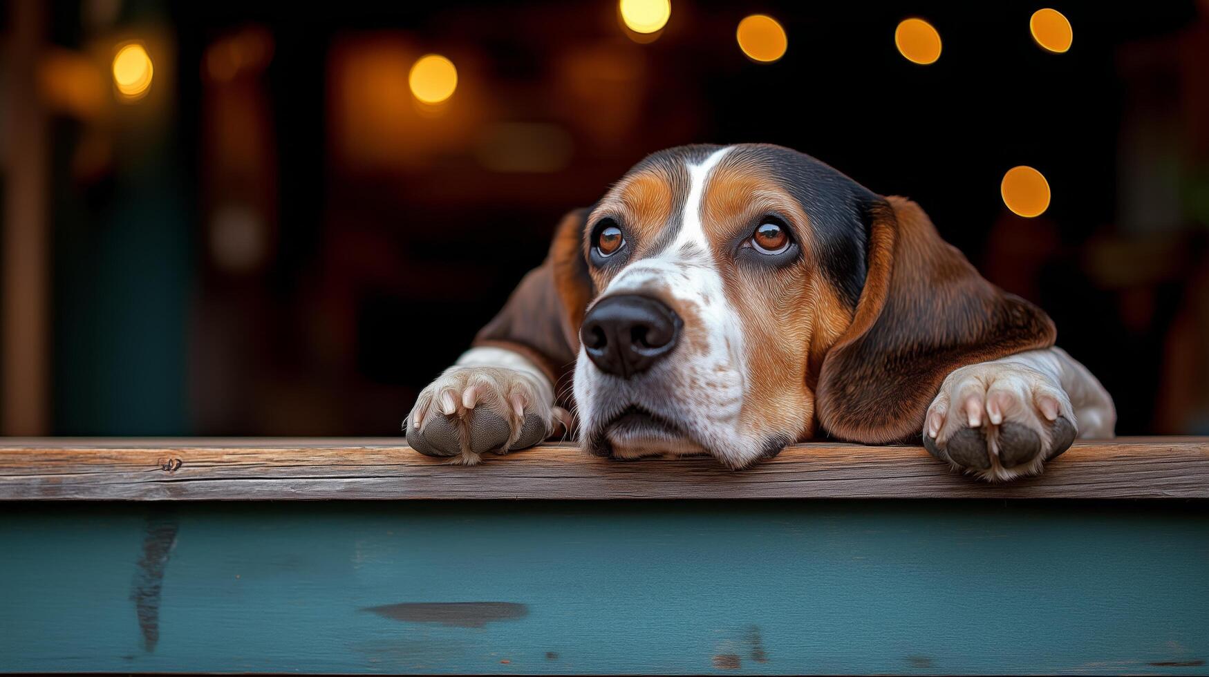 Curious beagle looks out with soulful eyes in a cozy setting at dusk. photo