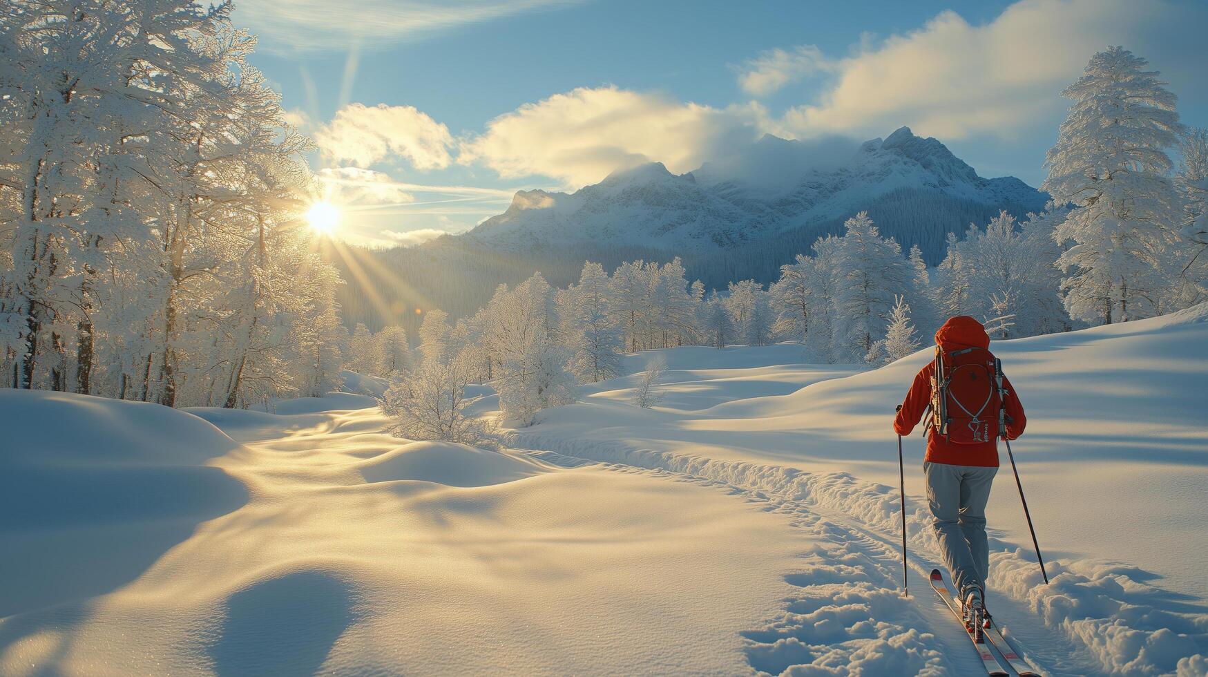 Winter hiker exploring snowy landscape during sunset in a mountainous region. photo