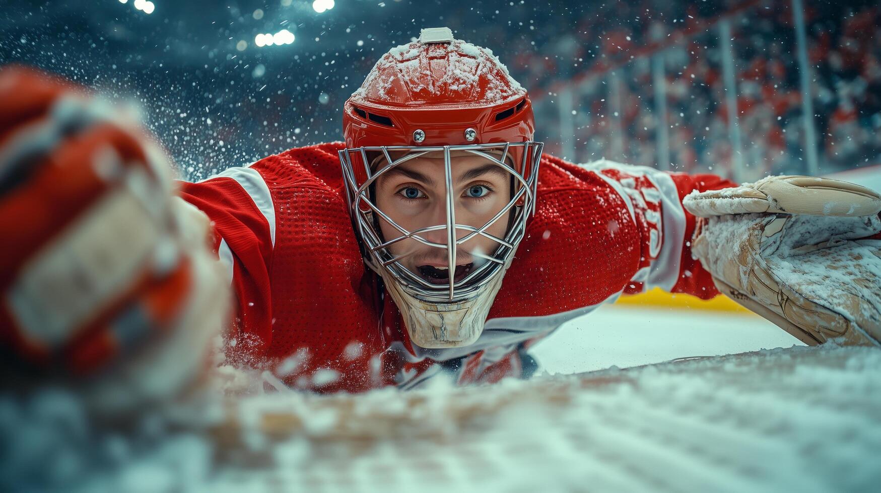 Goaltender diving for puck during intense hockey match in indoor arena. photo
