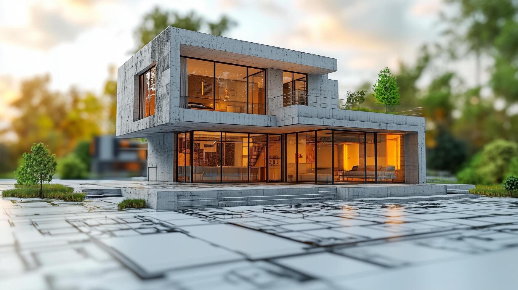Modern architectural design in a serene outdoor setting during sunset. photo