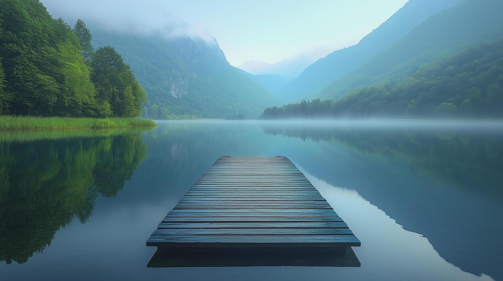 Calm morning at a mountain lake with a wooden dock and mist rising from the water. photo