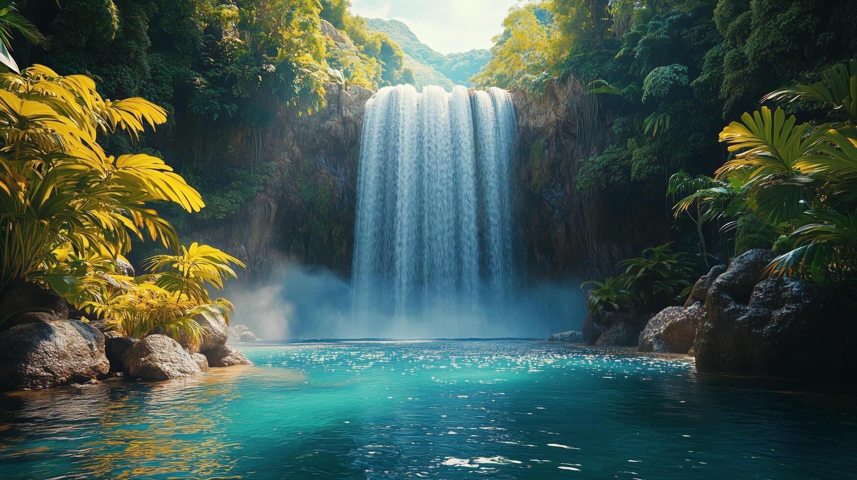 Majestic waterfall cascading into a serene turquoise pool surrounded by lush greenery. photo