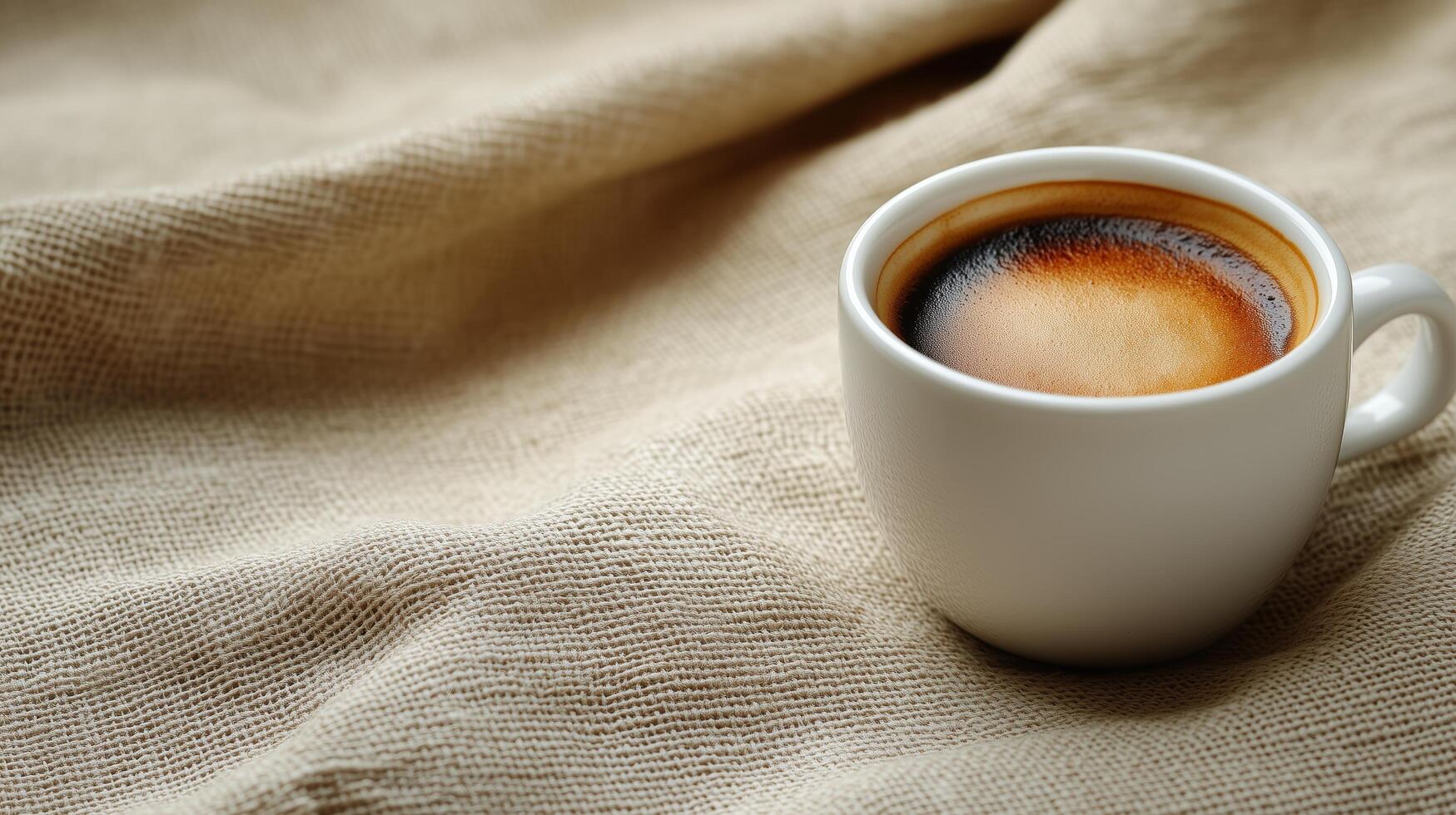 Coffee in a white cup on a textured fabric background during a calm morning. photo
