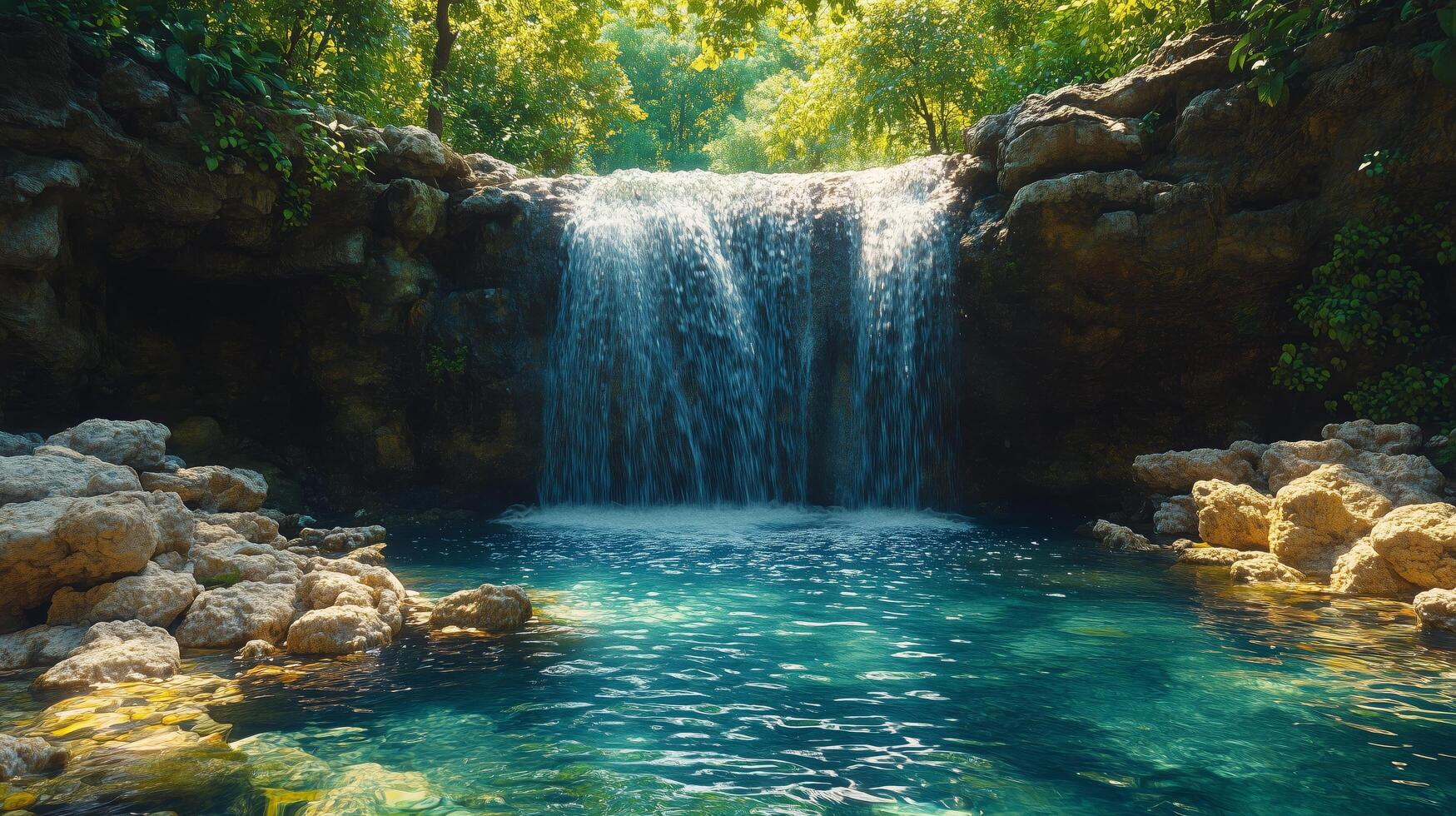 Beautiful waterfall cascading into a serene pool surrounded by lush greenery in a tropical setting. photo