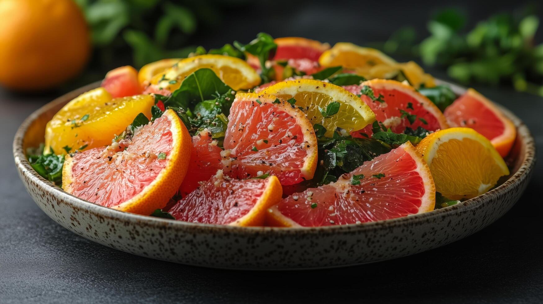 Vibrant citrus salad featuring oranges and grapefruits on a rustic plate. photo