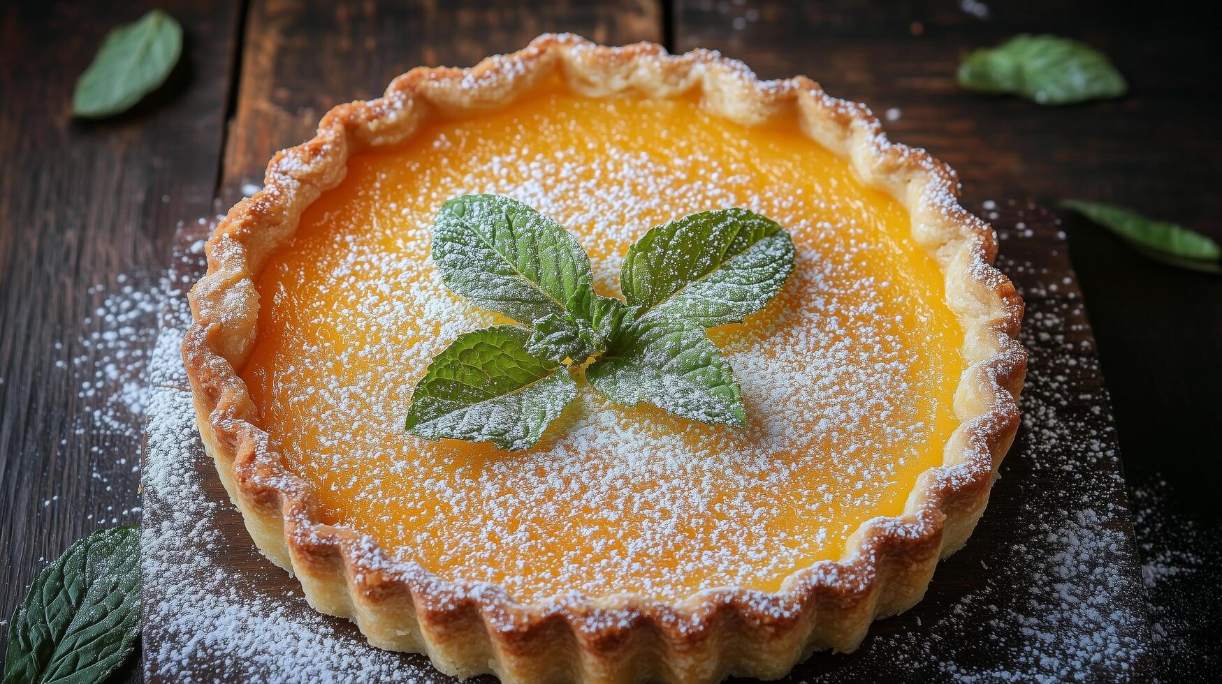 Lemon tart with mint leaves garnished on rustic wooden surface. photo