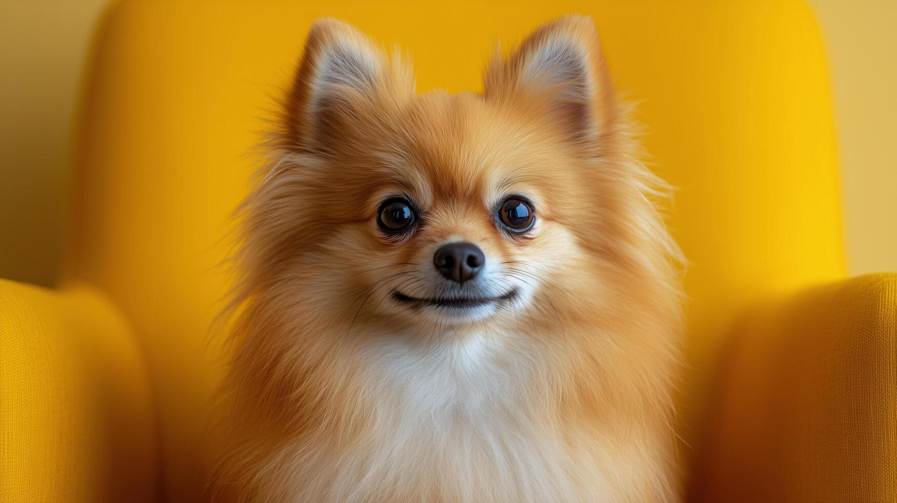 Small pomeranian dog relaxing on a bright yellow chair in a cozy indoor setting. photo