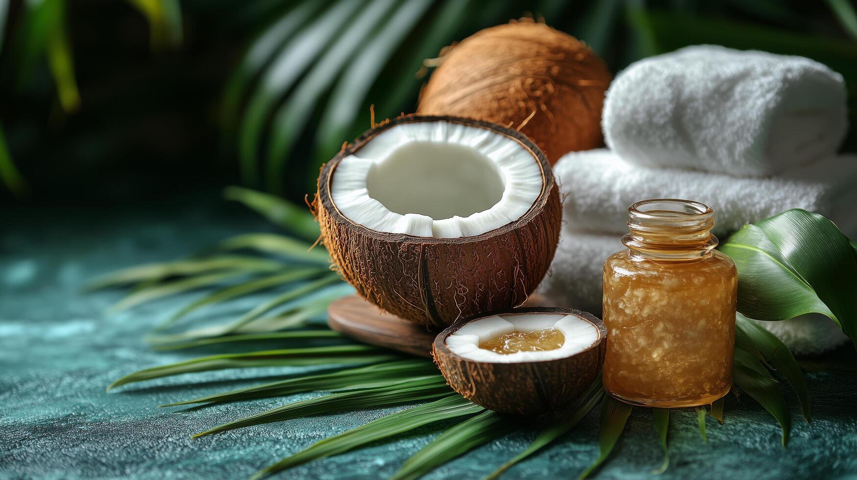 Coconut half next to a jar of coconut oil and white towels on a tropical backdrop. photo