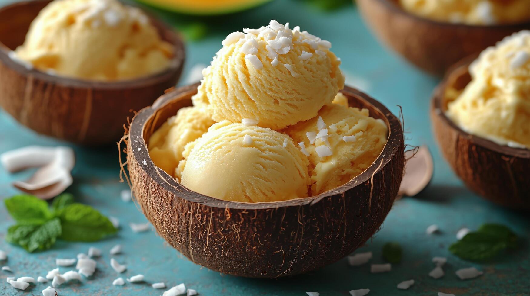 Delicious coconut ice cream served in coconut bowls with shredded coconut topping. photo