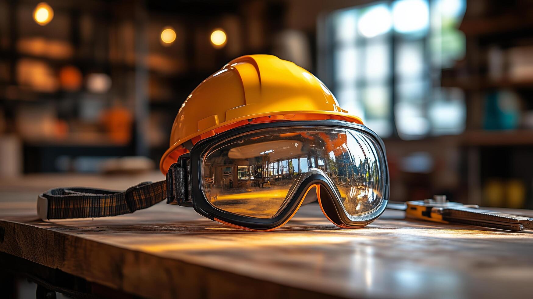 Safety gear resting on a wooden table in a well-lit construction setting. photo