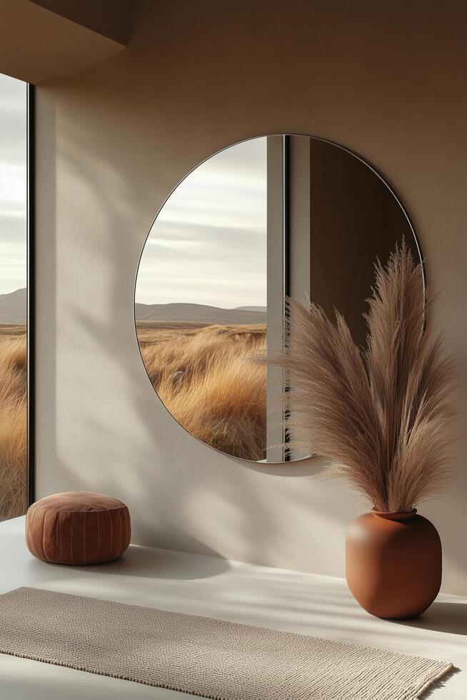 Interior design featuring a round mirror and decorative elements with a scenic view at sunset. photo