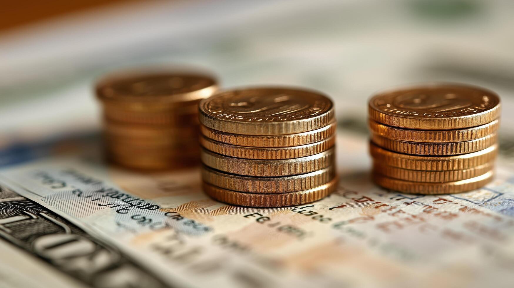 Stacks of coins on top of dollar bills in a close-up financial arrangement. photo