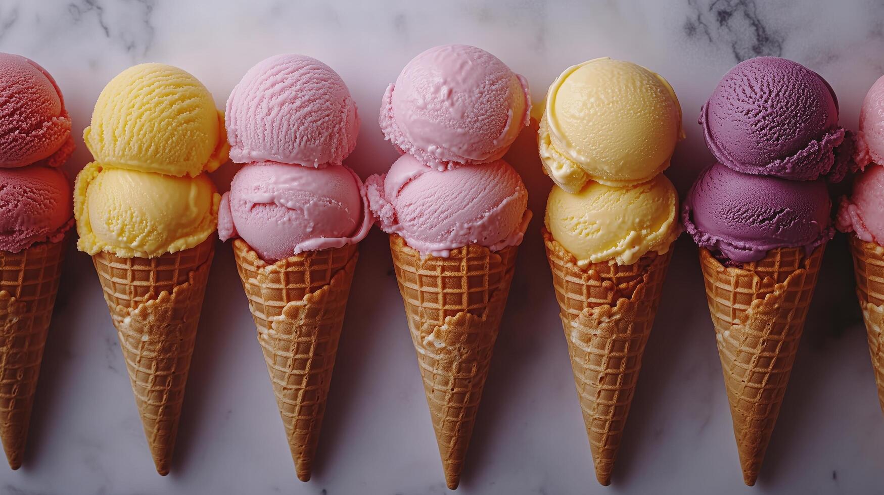 Colorful ice cream cones arranged neatly on a marble surface at a dessert shop. photo