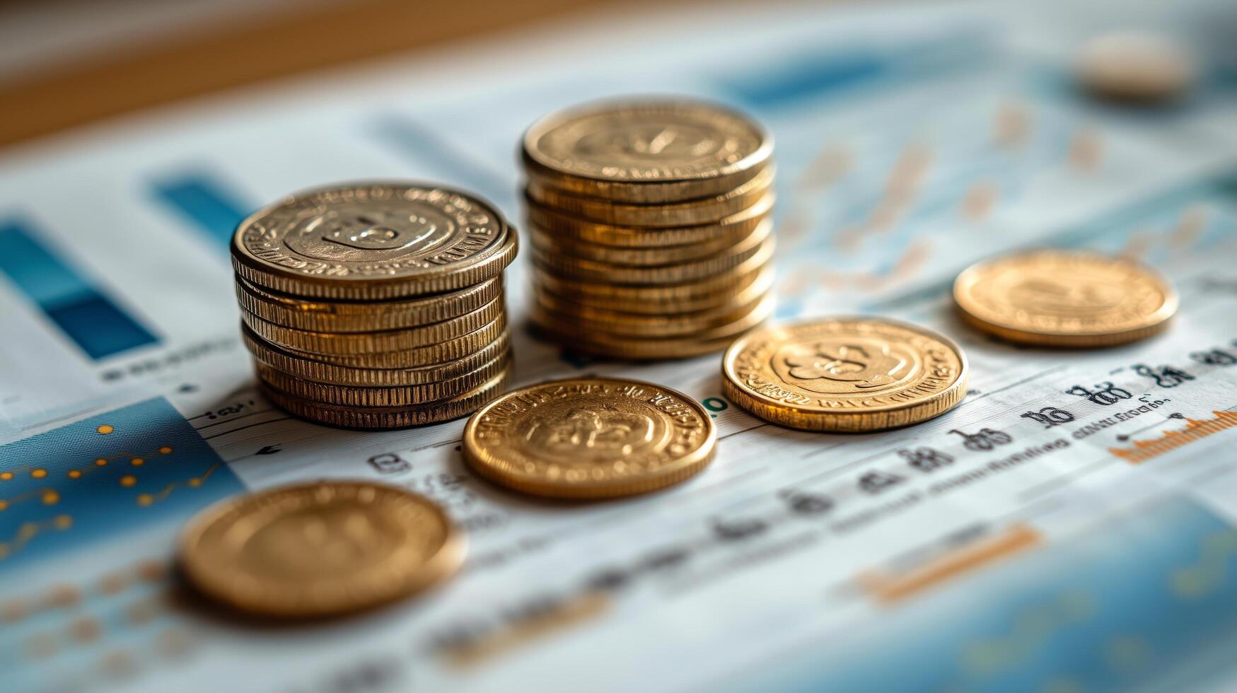 Coins stacked next to financial charts showing market trends and data analysis. photo