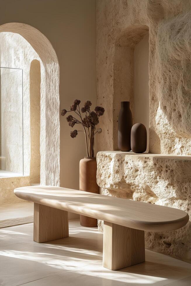 Modern interior featuring natural textures and minimalist design elements in a serene space. photo