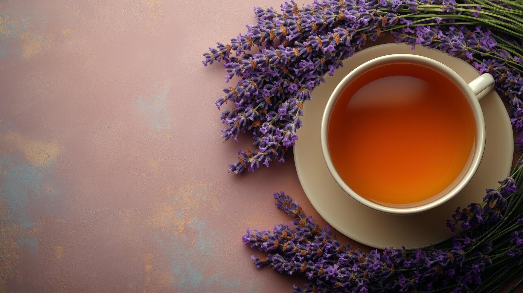 Relaxing cup of herbal tea with fresh lavender on a pastel background. photo