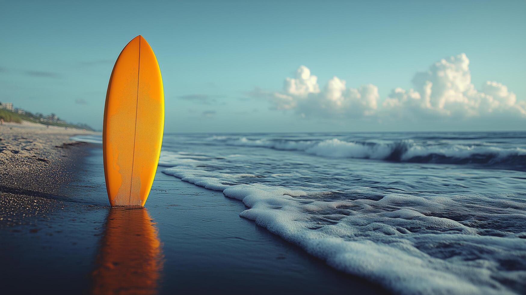 Surfboard resting on wet sand as waves crash during early morning light by the shore. photo
