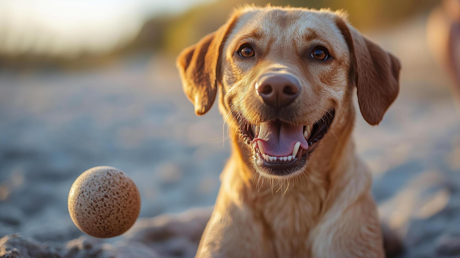 Happy dog playing with a ball on a sandy beach during sunset. photo