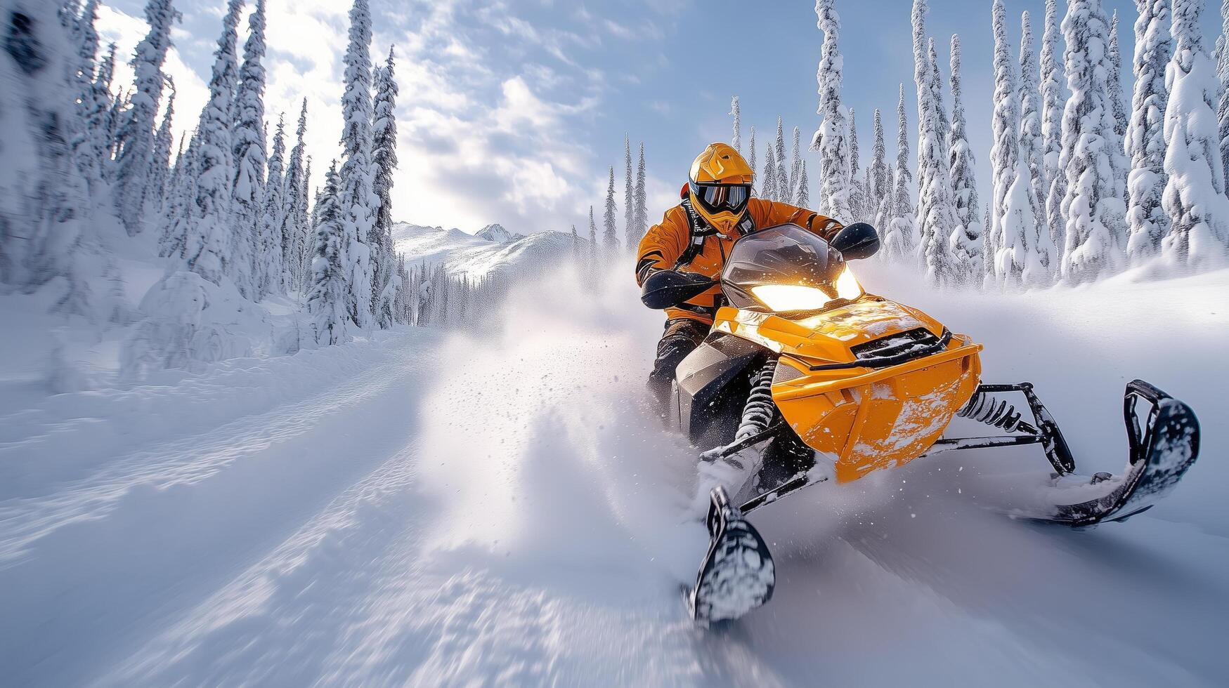 Snowmobile rider navigating through a snowy forest in winter with pine trees under a bright sky. photo