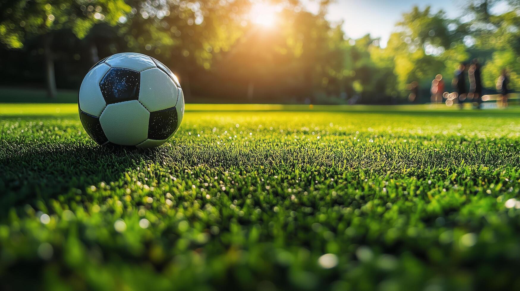 Soccer ball resting on green grass field during sunset in a park setting. photo
