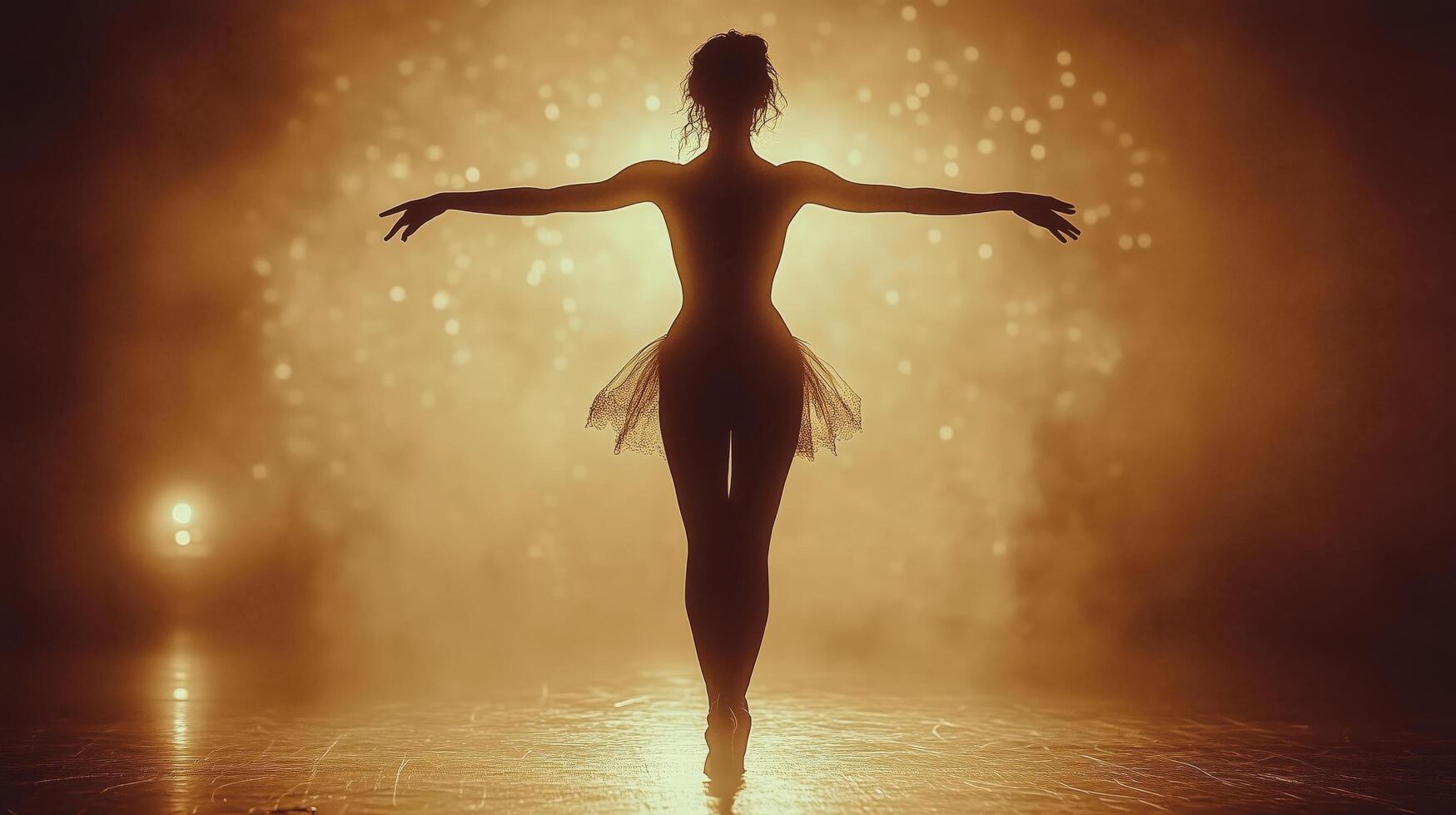 Ballet dancer performing gracefully on stage under warm spotlight during evening performance. photo