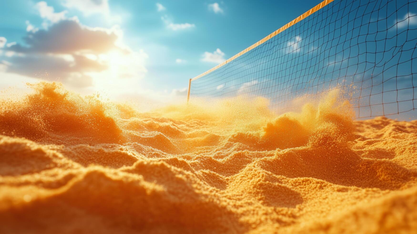 Beautiful sunset at a sandy beach volleyball court on a bright day with vibrant colors. photo
