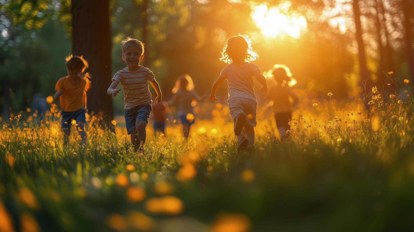 Children running joyfully in a sunlit meadow during sunset. photo