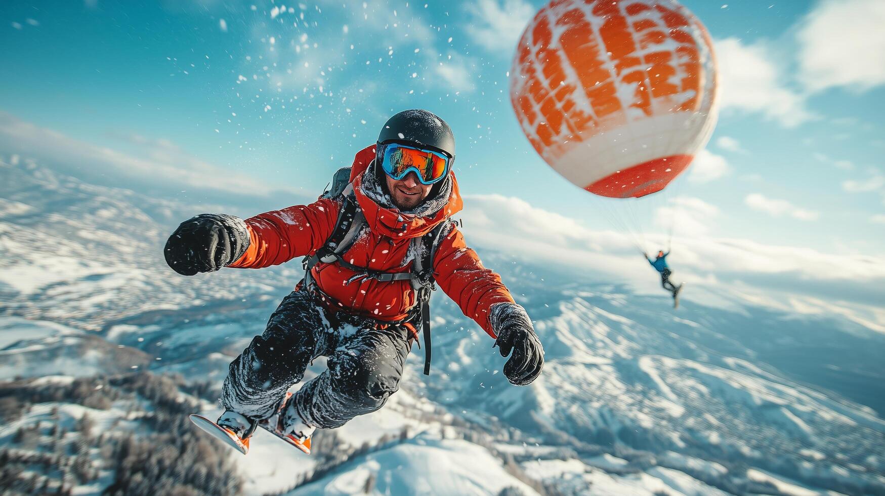 Snowboarder gliding through the air with a colorful parachute over snowy mountains in bright blue skies. photo